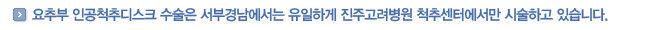 요추부 인공척추디스크 수술은 서부경남에서는 유일하게 진주고려병원 척추센터에서만 시술하고 있습니다.
