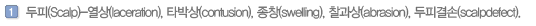 두피(Scalp)-열상(laceration), 타박상(contusion), 종창(swelling), 찰과상(abrasion), 두피결손(scalpdefect).
