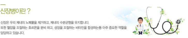 신장병이란? 신장은 우리 체내의 노폐물을 제거하고, 체내의 수분균형을 유지합니다. 또한 혈압을 조절하는 호르몬을 분비 하고, 성장을 조절하는 비타민을 합성하는등 아주 중요한 역할을 담당하고 있습니다.