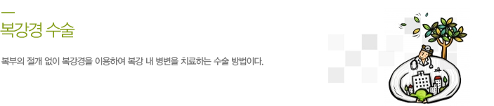 복강경 수술
			복부의 절개 없이 복강경을 이용하여 복강 내 병변을 치료하는 수술 방법이다.
